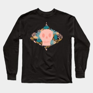 Whimsical Floral Skulls: Pink and Blue with Delicate Vines Long Sleeve T-Shirt